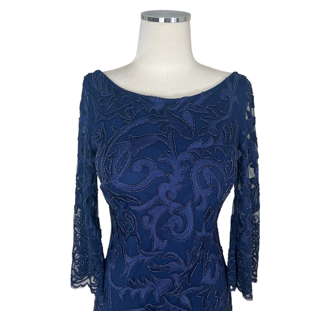 Aidan MATTOX ($475) Beaded Sheer Mesh Sleeve Navy Blue Cocktail Dress 4 - Picture 12 of 14